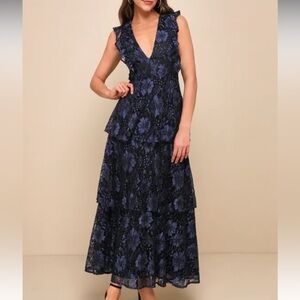 Lulus Molinetto Navy Blue Lace Ruffled Tiered Sleeveless Maxi Dress Size 2X